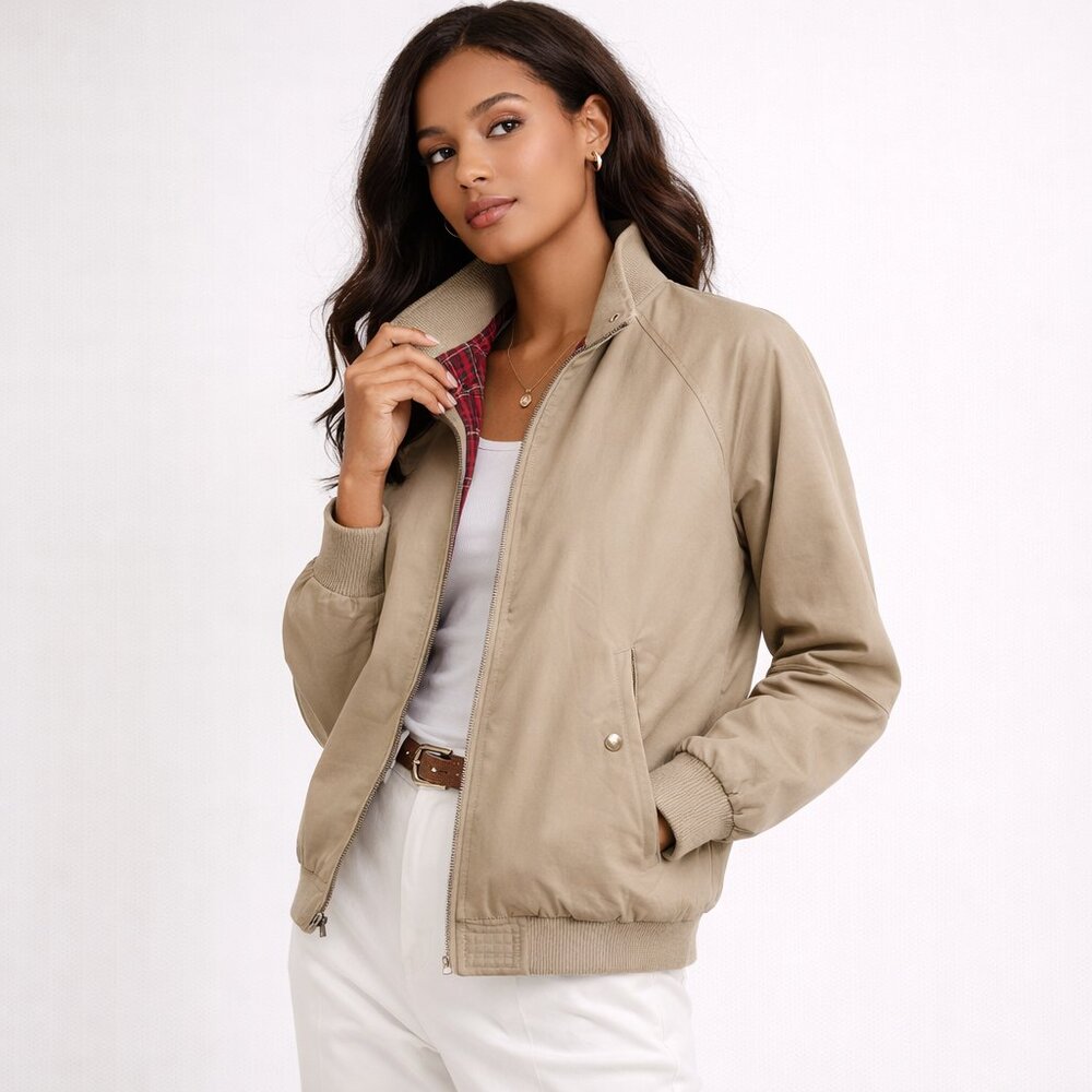 VINTAGE | Tan Bomber Jacket with Red plaid Lining - Size Medium 23 25